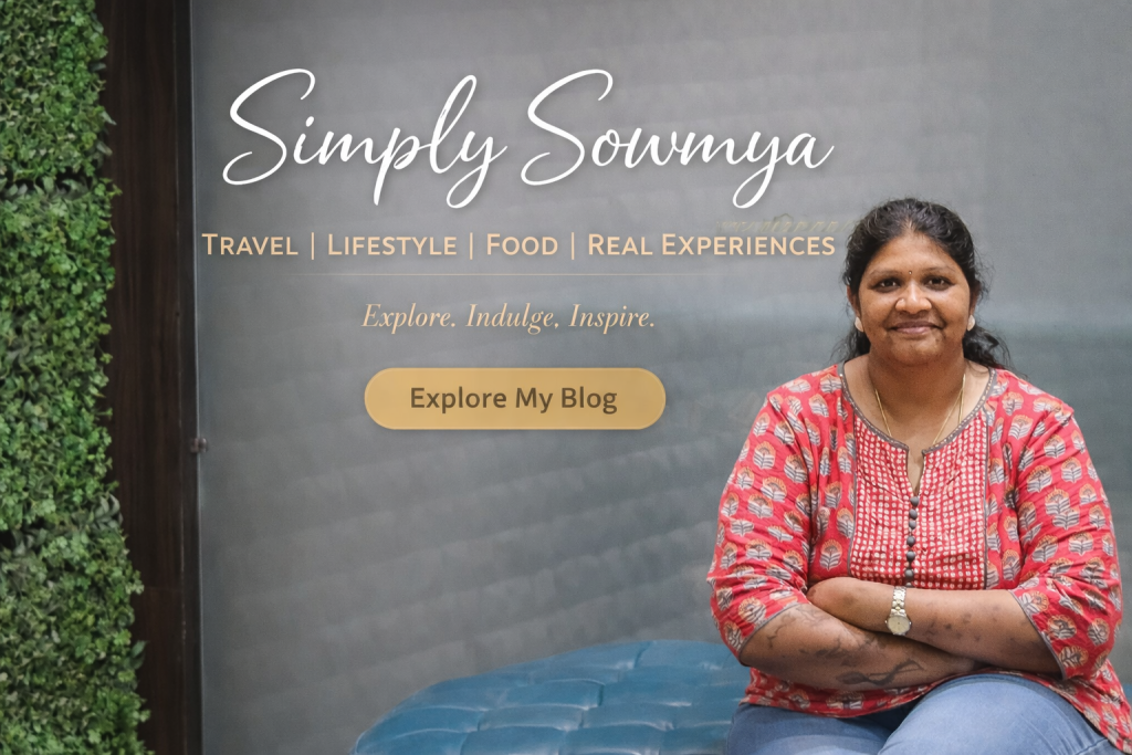 Simply Sowmya travel, lifestyle and food blog banner featuring a smiling woman with explore my blog call to action